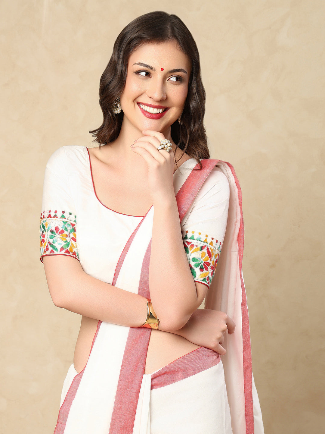 White Silk Round Readymade Blouse With Katha Work