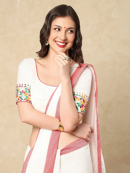 White Silk Round Readymade Blouse With Katha Work