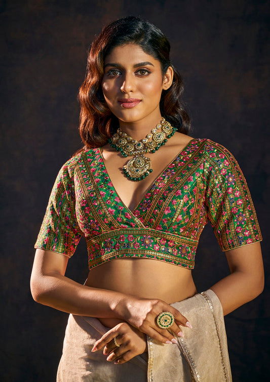 Green Silk V Neck Readymade Blouse