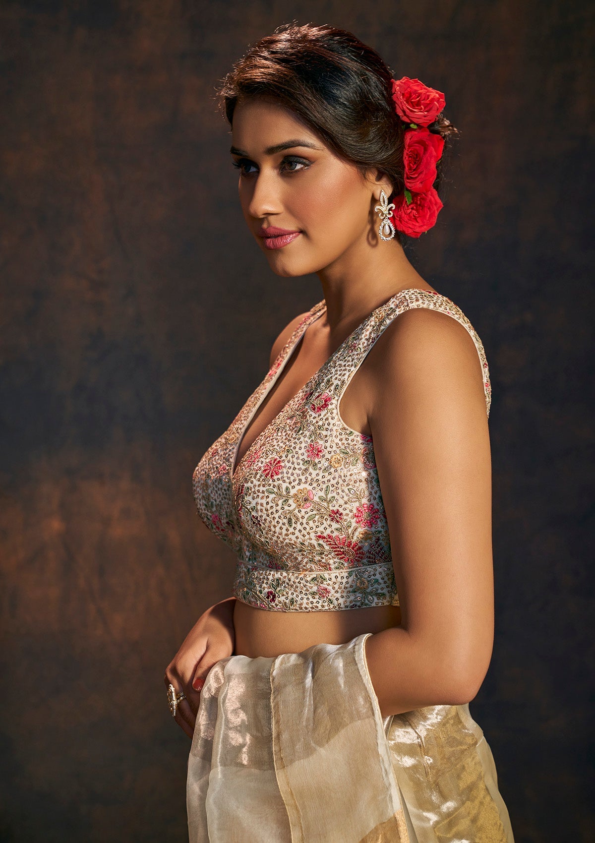 Cream Sleeveless Blouse With floral Embroidery and sequin