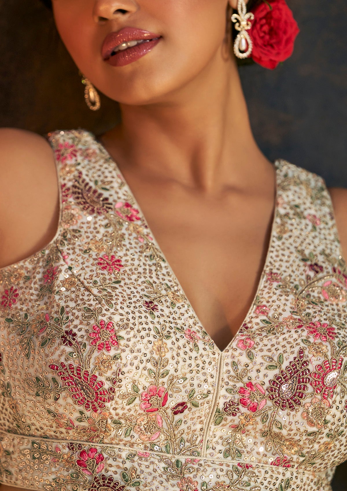 Cream Sleeveless Blouse With floral Embroidery and sequin