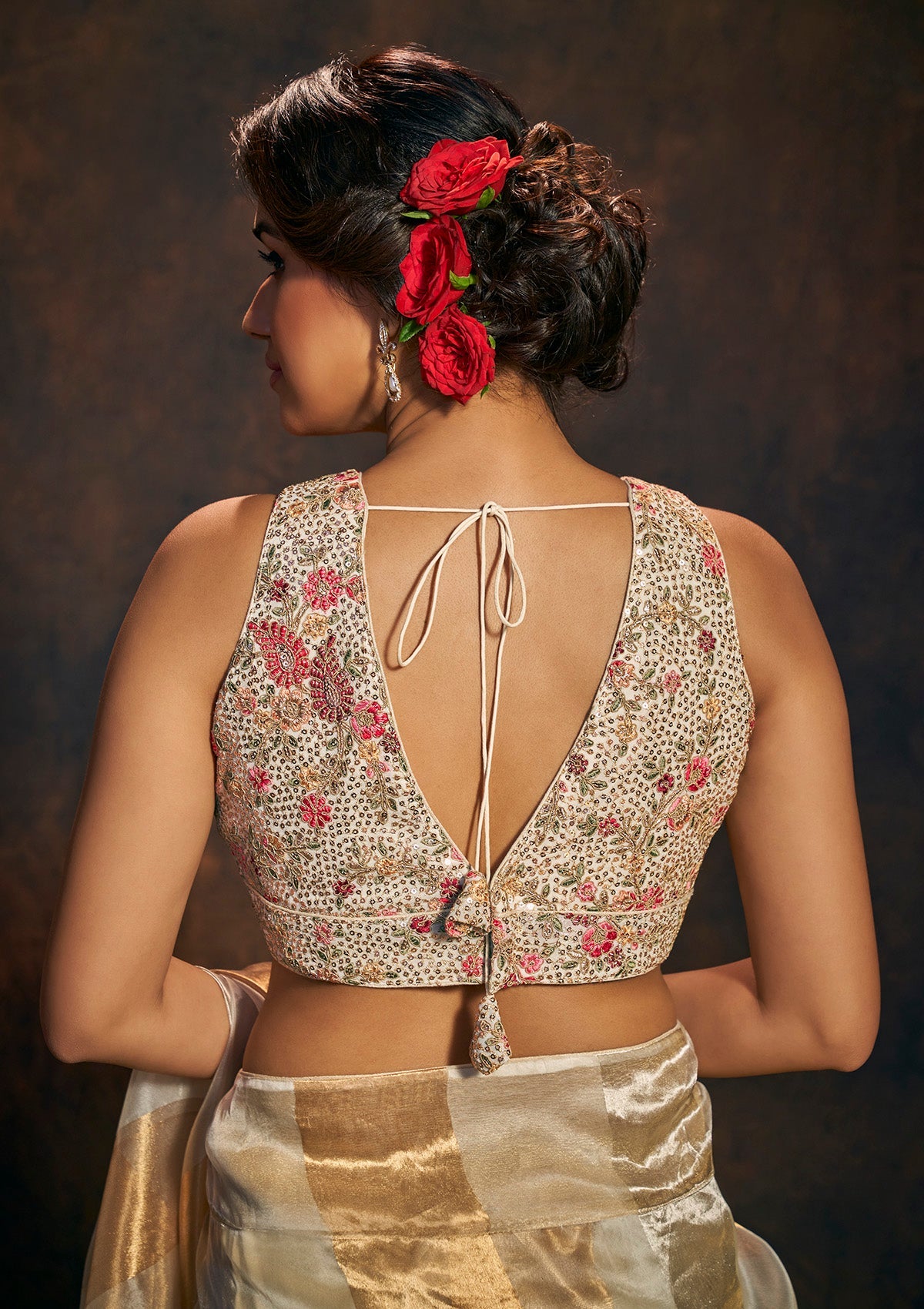 Cream Sleeveless Blouse With floral Embroidery and sequin