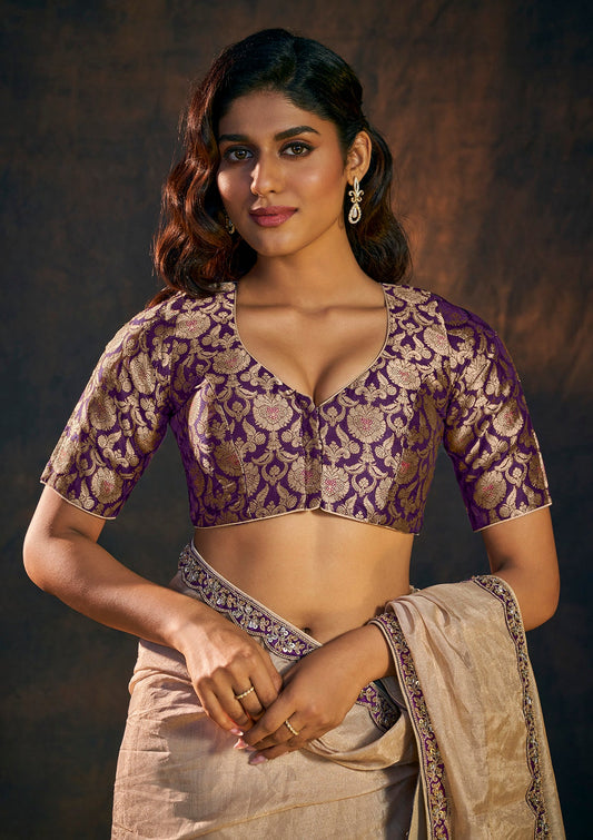 Purple Brocade Plunging V Neck Readymade Blouse