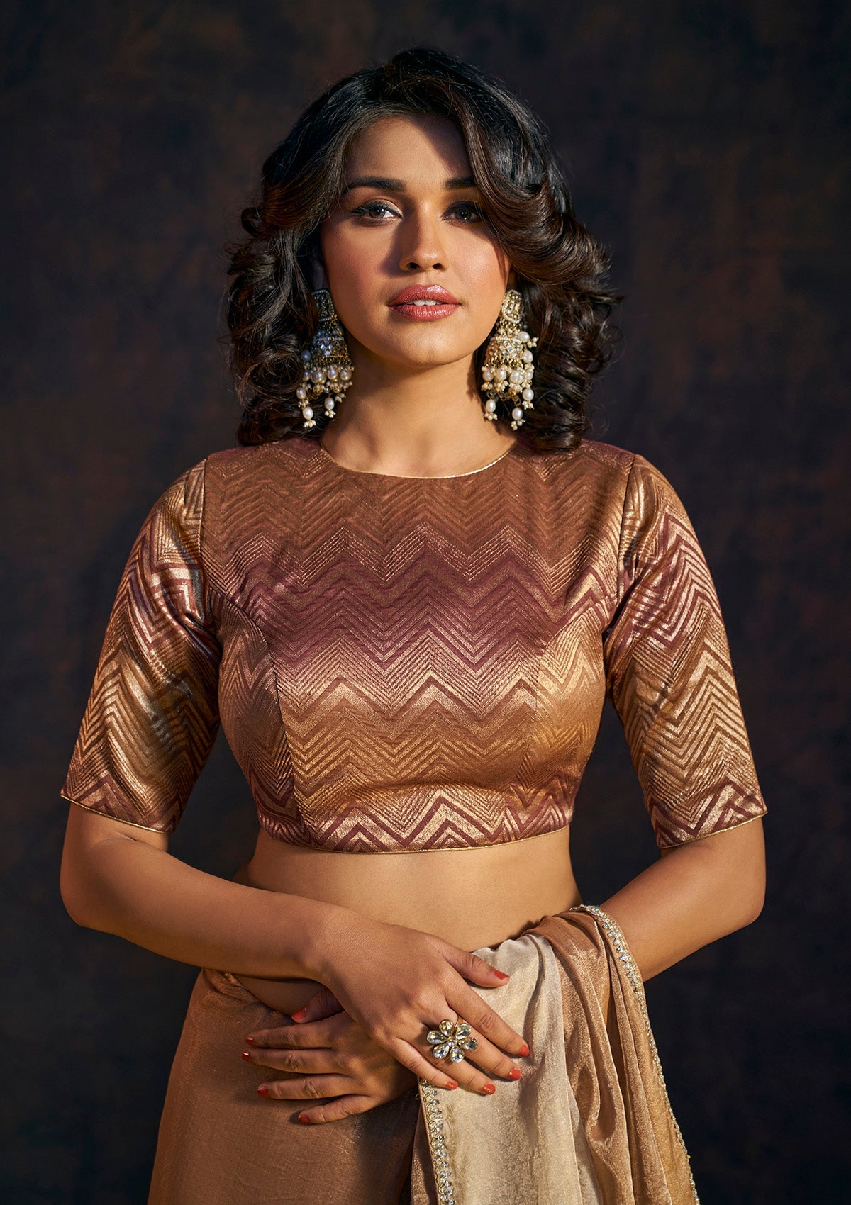 Golden Maroon tissue zigzag pattern metallic saree blouse