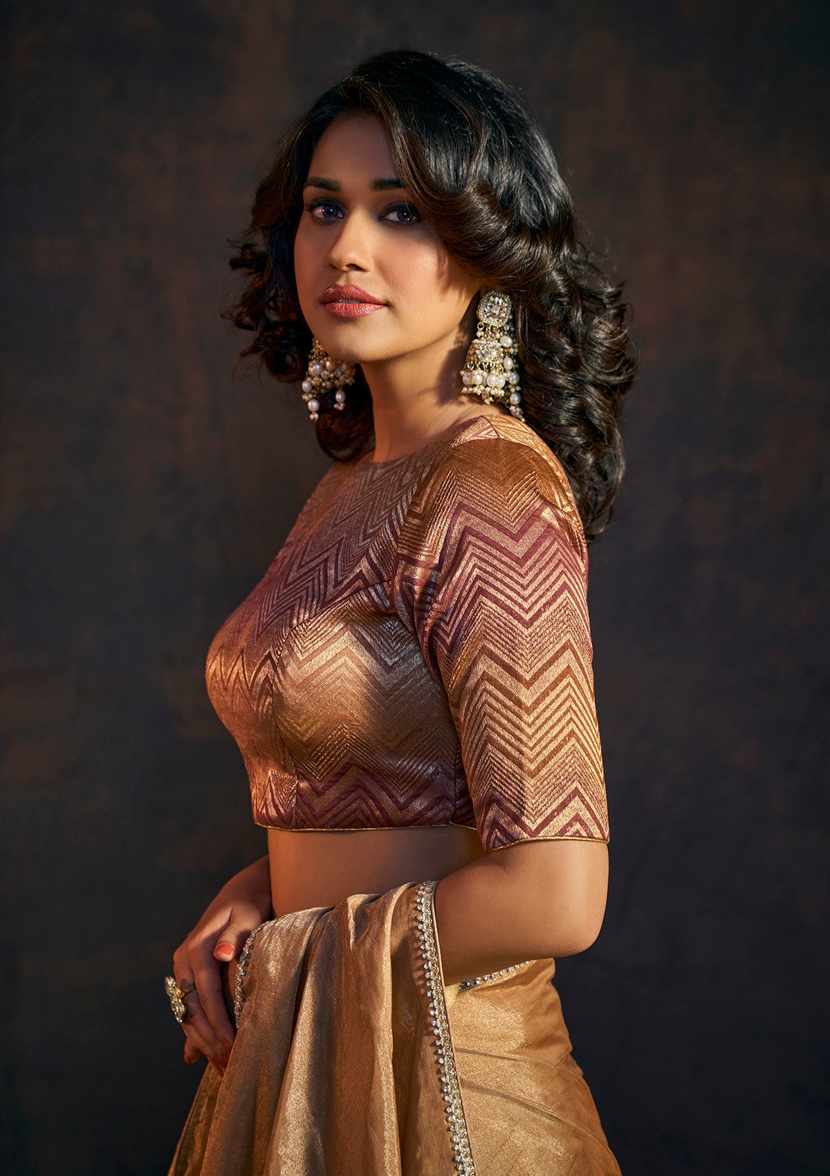 Golden Maroon tissue zigzag pattern metallic saree blouse