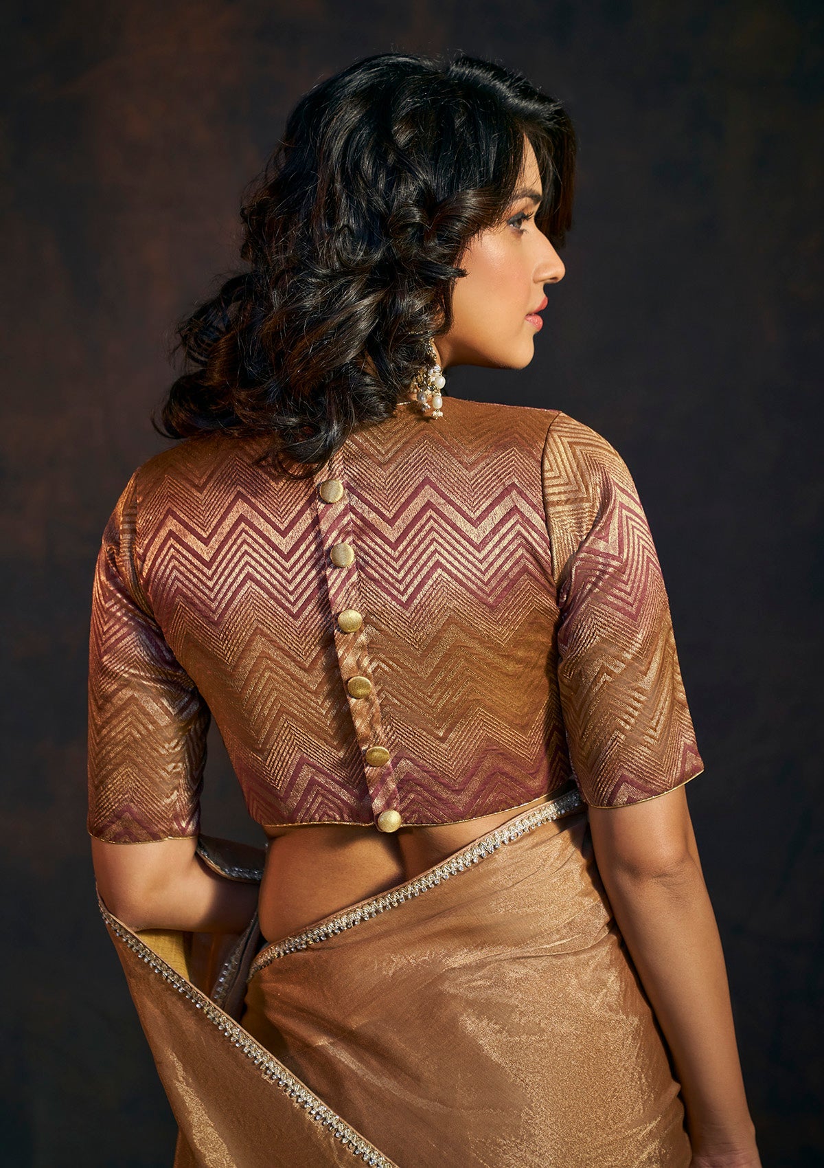 Golden Maroon tissue zigzag pattern metallic saree blouse