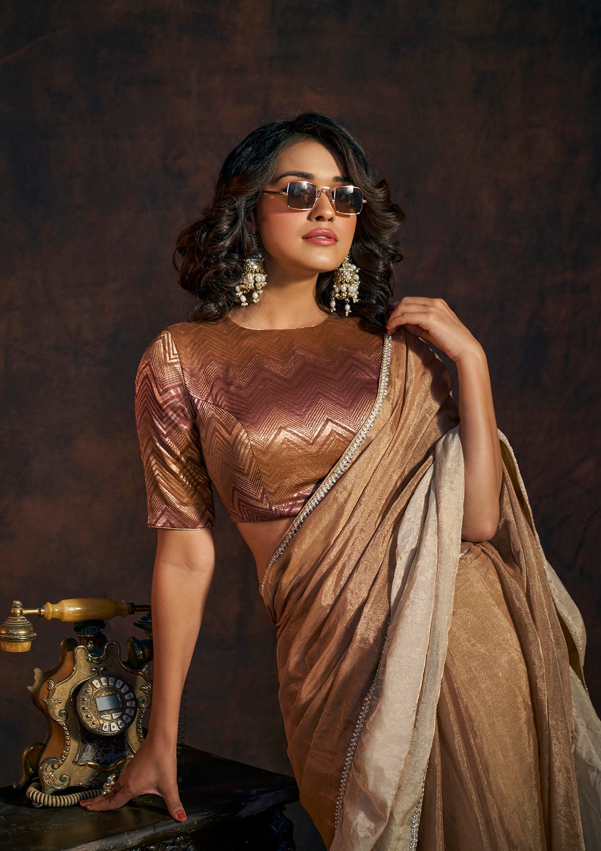 Golden Maroon tissue zigzag pattern metallic saree blouse