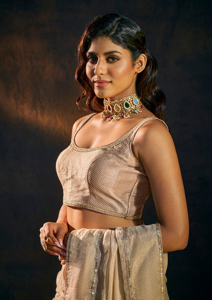 Golden Brocade Sleeveless Readymade Blouse