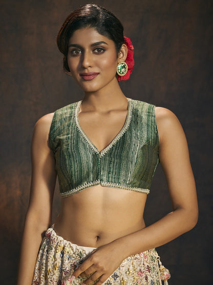 Green Brocade Sleeveless Readymade Blouse