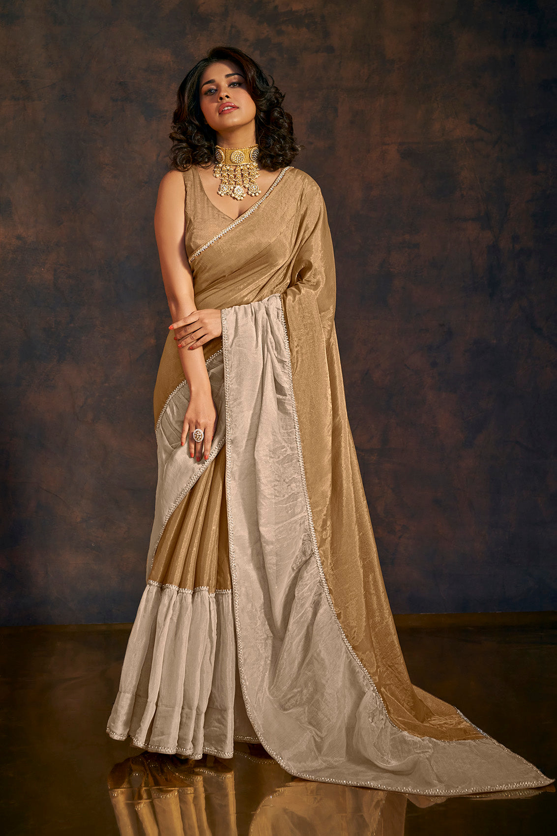 Sunkissed gold and beige ruffle tissue saree