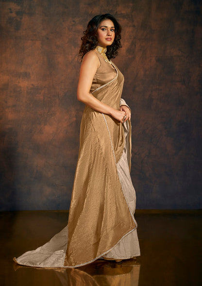 Sunkissed gold and beige ruffle tissue saree