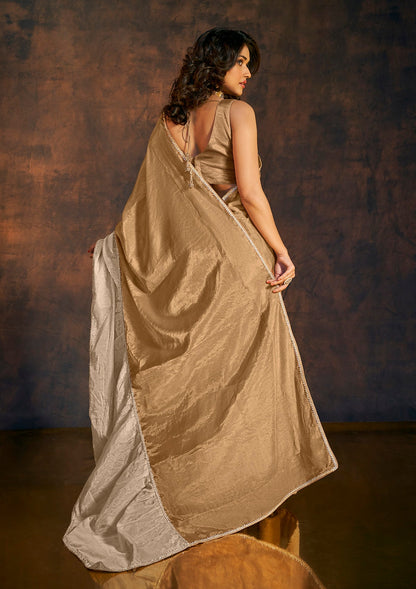 Sunkissed gold and beige ruffle tissue saree