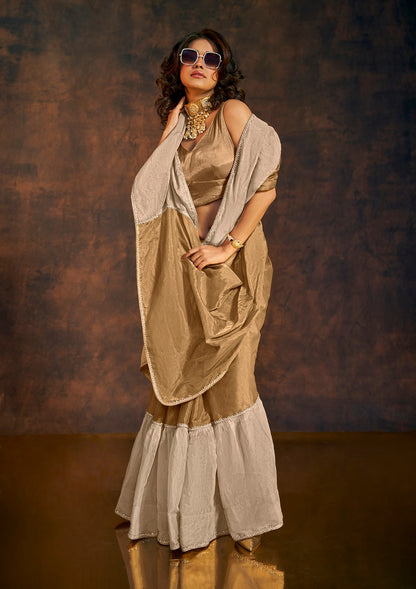 Sunkissed gold and beige ruffle tissue saree