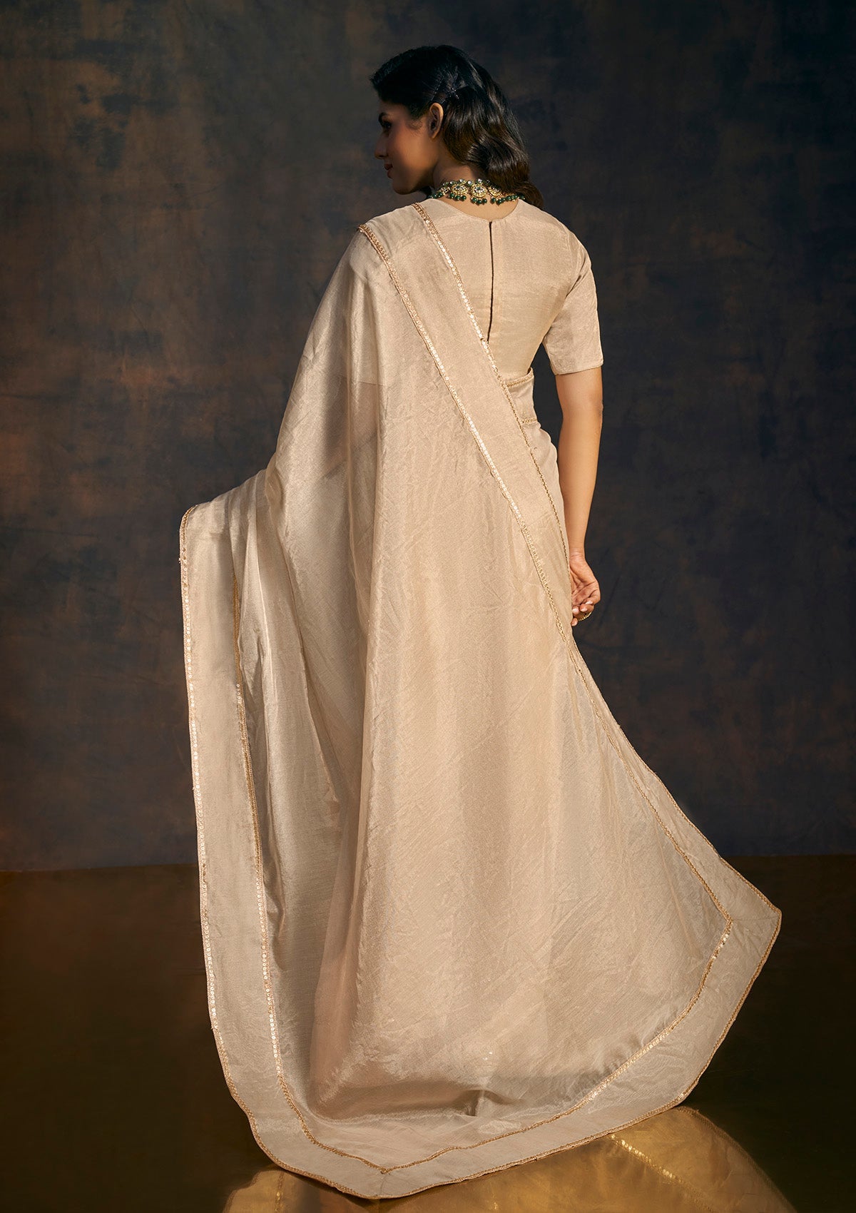 Beige embellished tissue saree