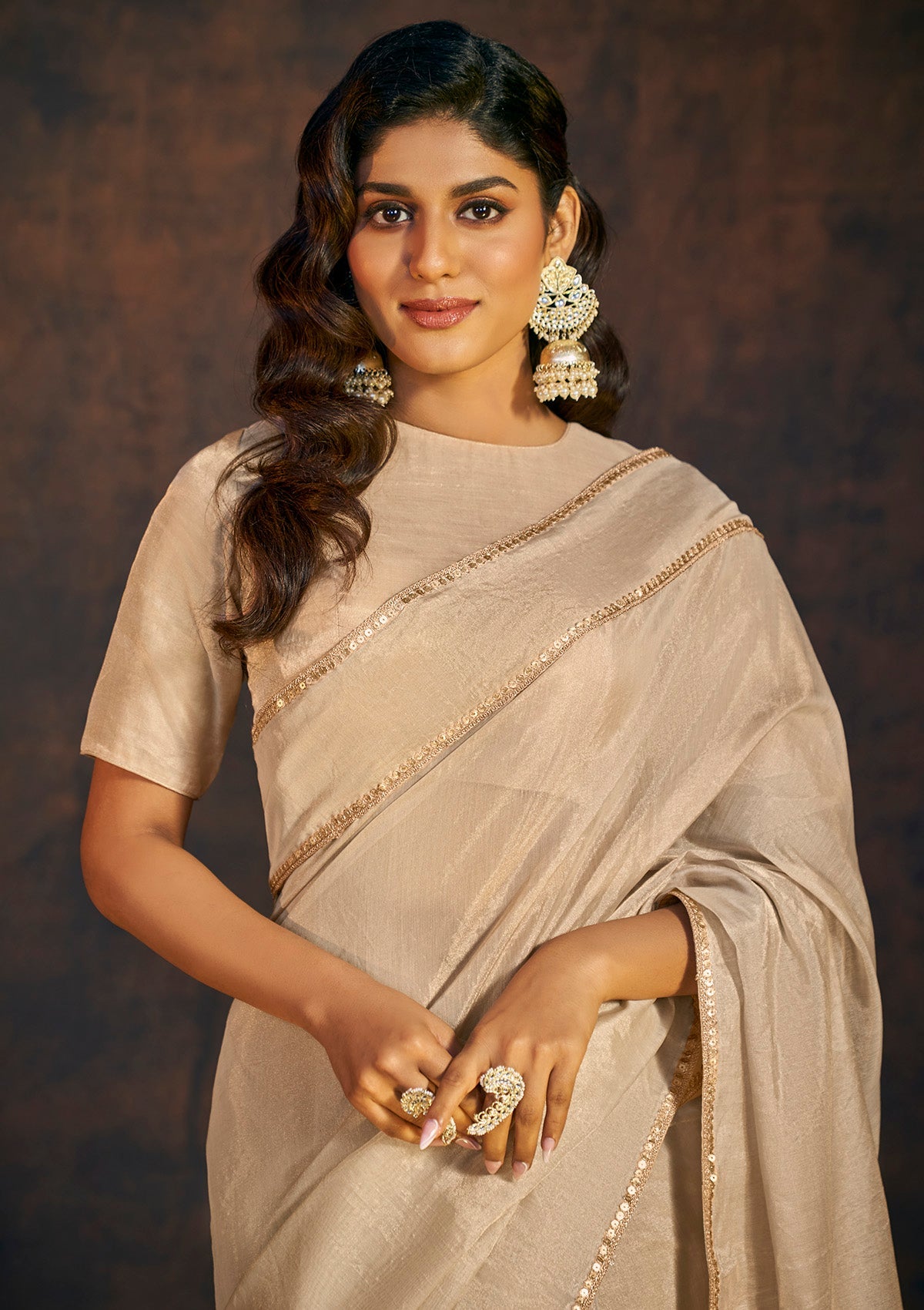 Beige embellished tissue saree