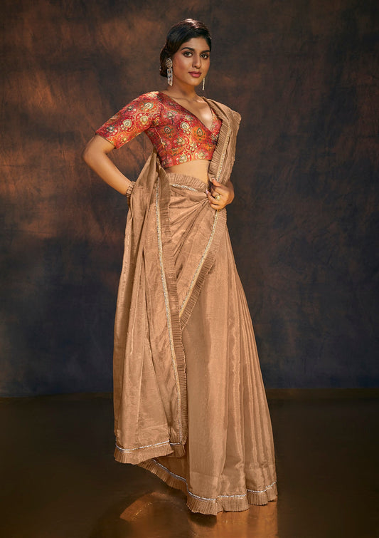 Rose Gold embellished ruffle tissue saree