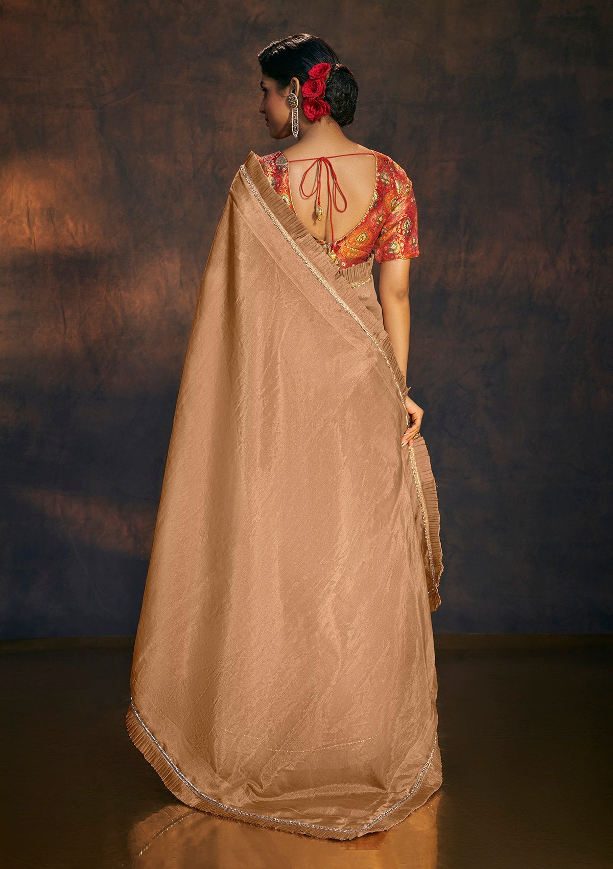 Rose Gold embellished ruffle tissue saree