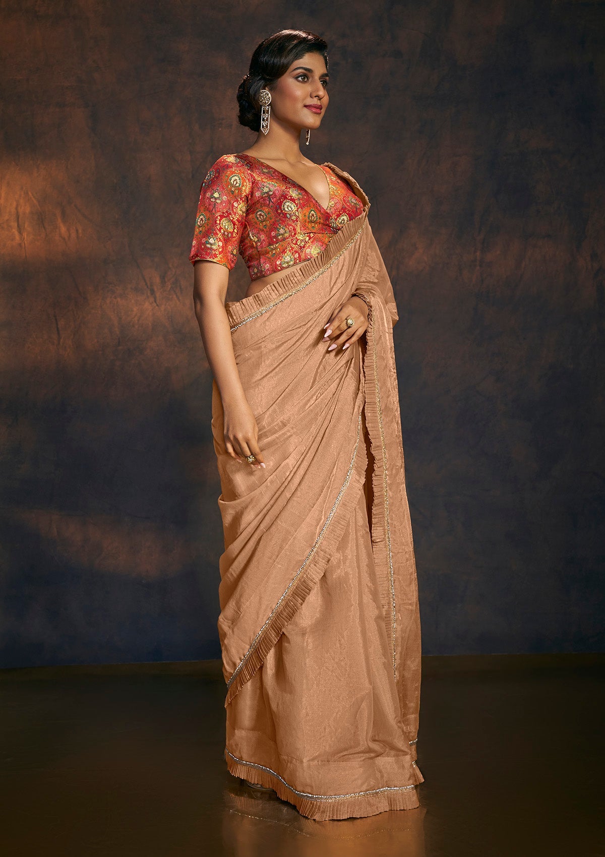 Rose Gold embellished ruffle tissue saree