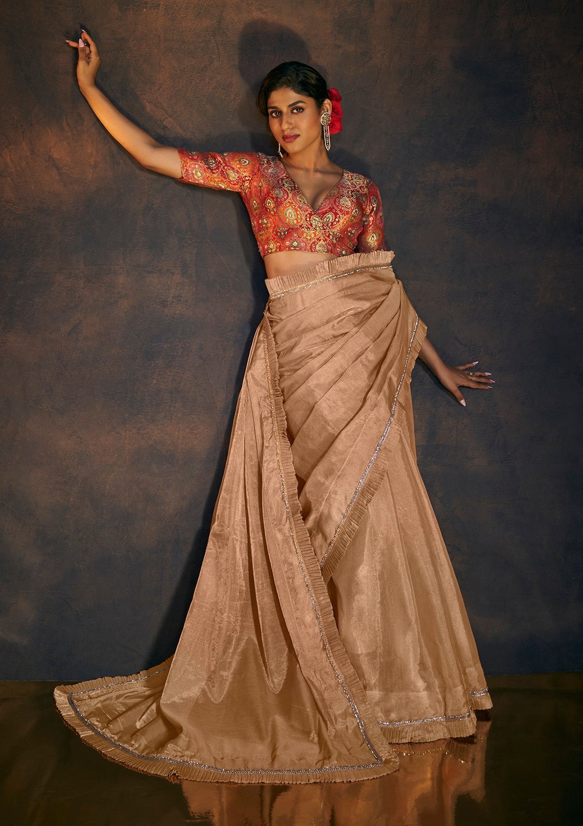 Rose Gold embellished ruffle tissue saree