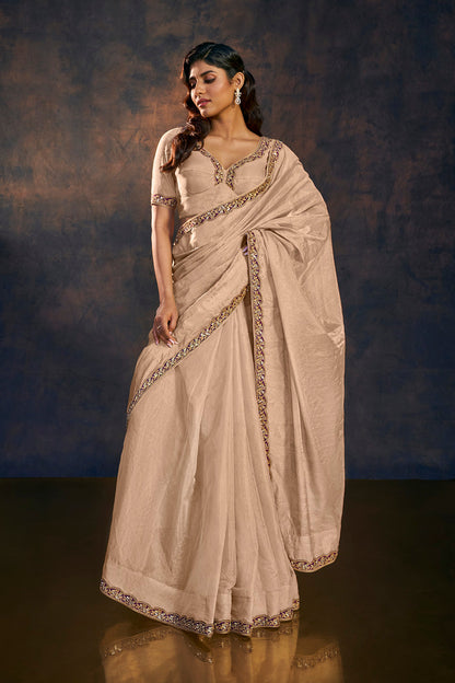 Beige Banarasi Tissue saree with purple gold lace work