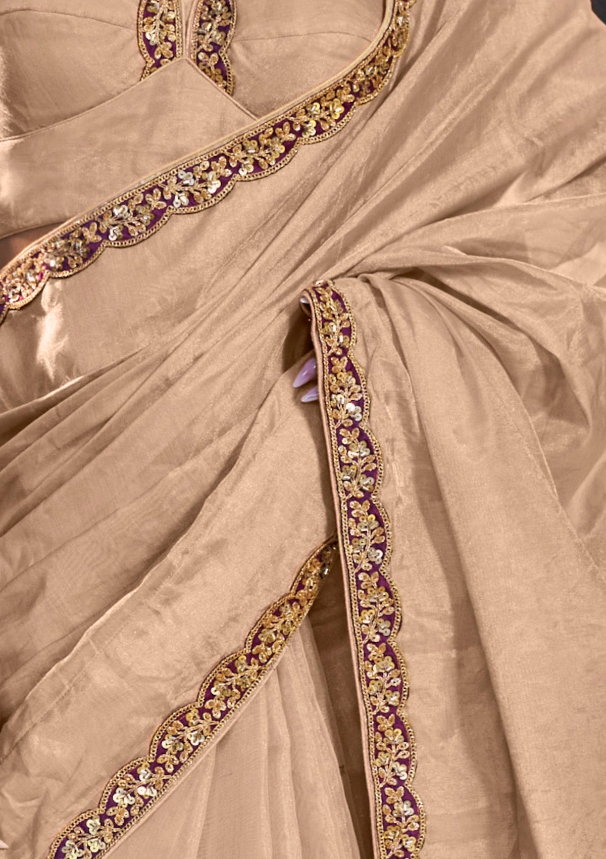 Beige Banarasi Tissue saree with purple gold lace work