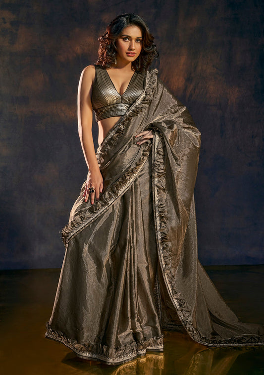 Black gold toned ruffle tissue saree