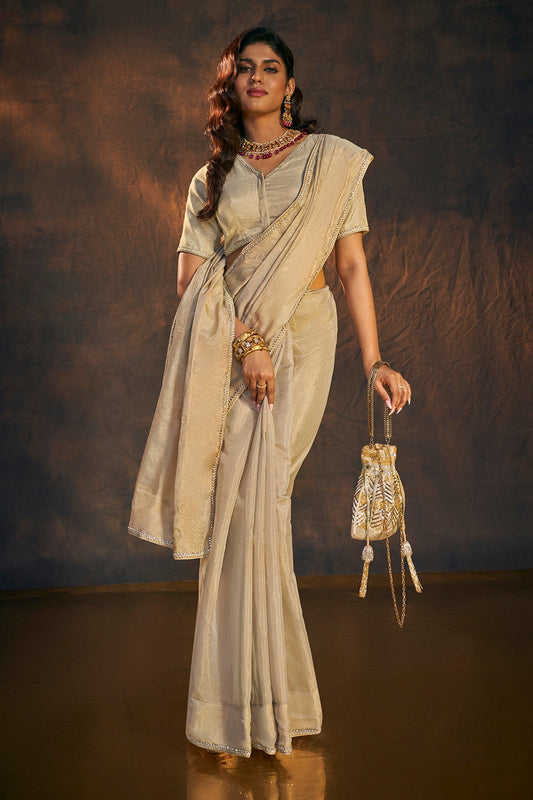 Beige embellished tissue saree