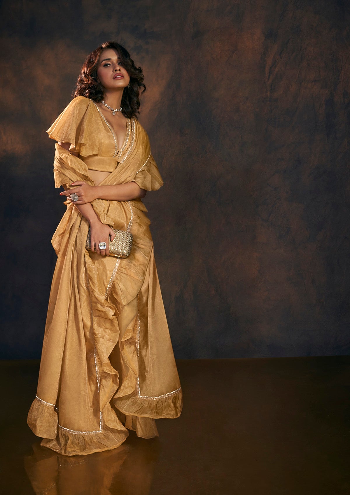 Gold Ruffle Tissue Saree