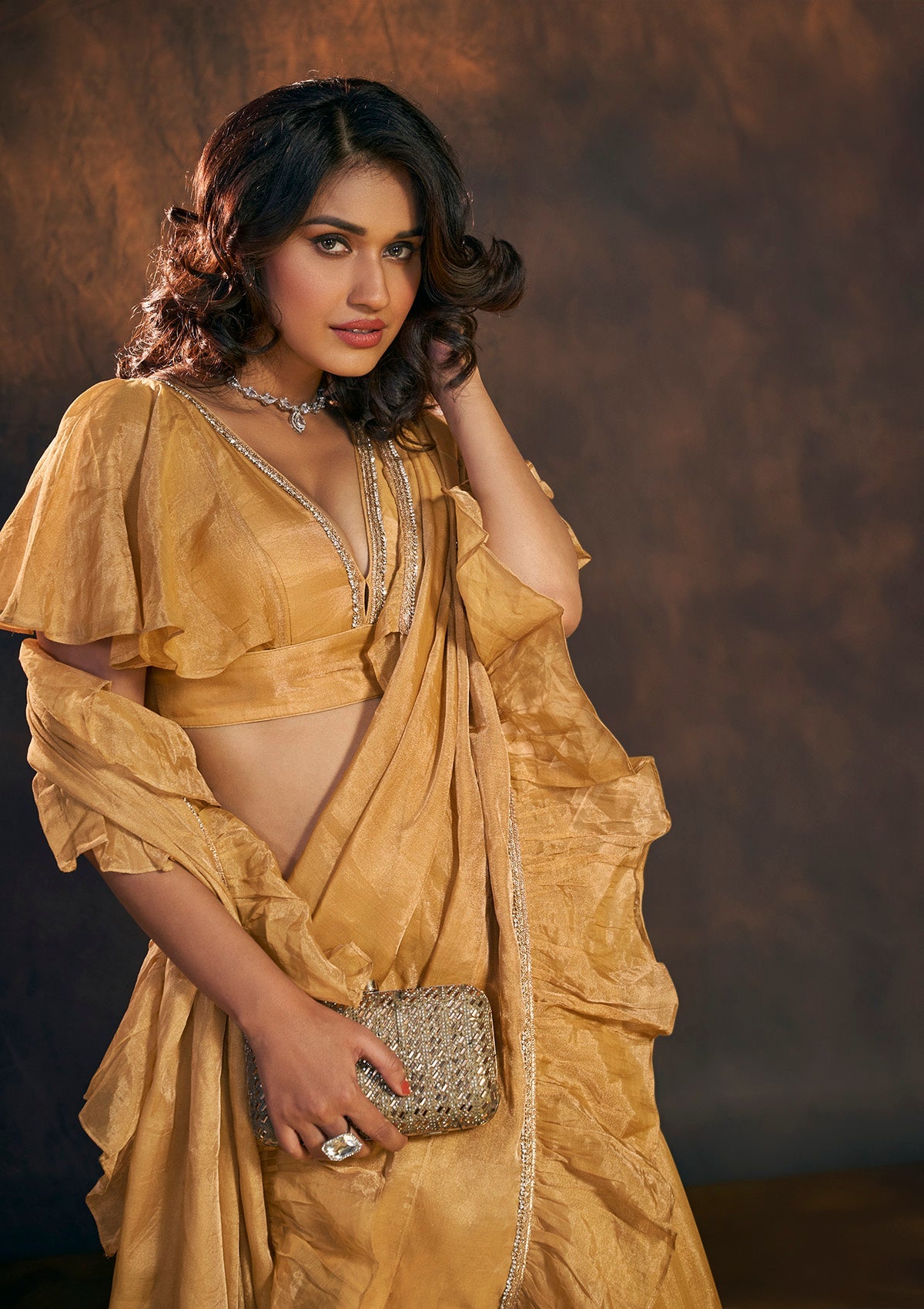 Gold Ruffle Tissue Saree