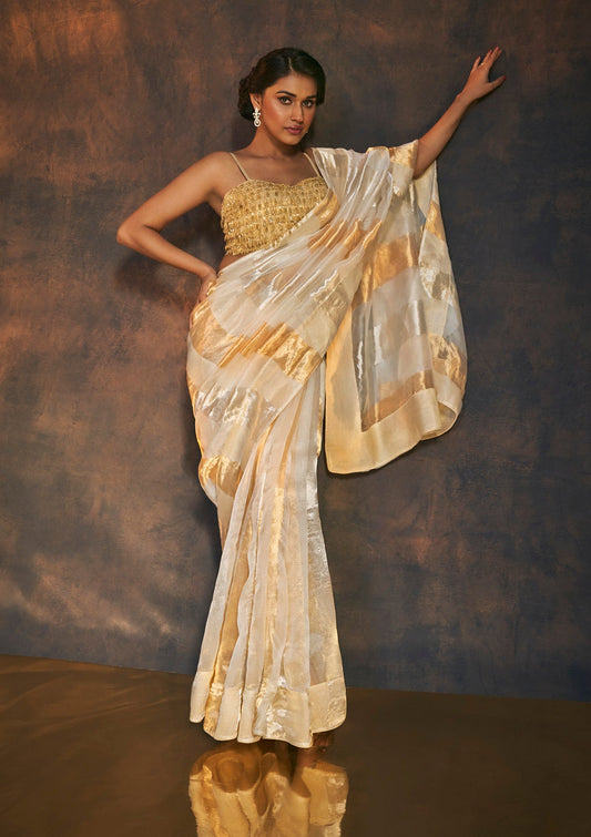 Gold and Silver striped Tissue Saree