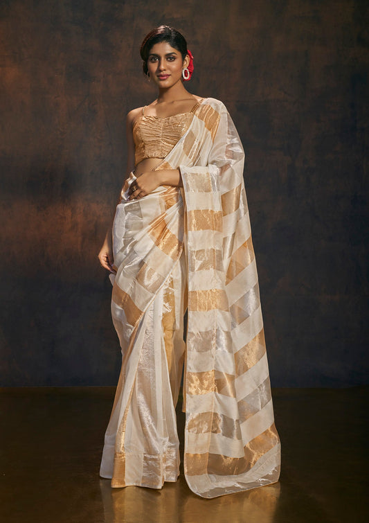 Off white Tissue Saree with gold and Silver stripes