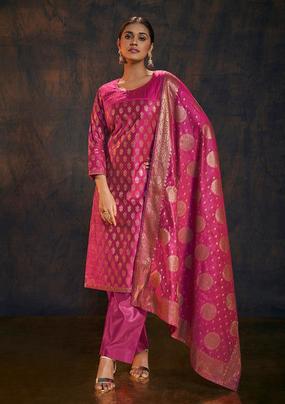 Rani Pink Banarasi Silk Kurta Set with Dupatta