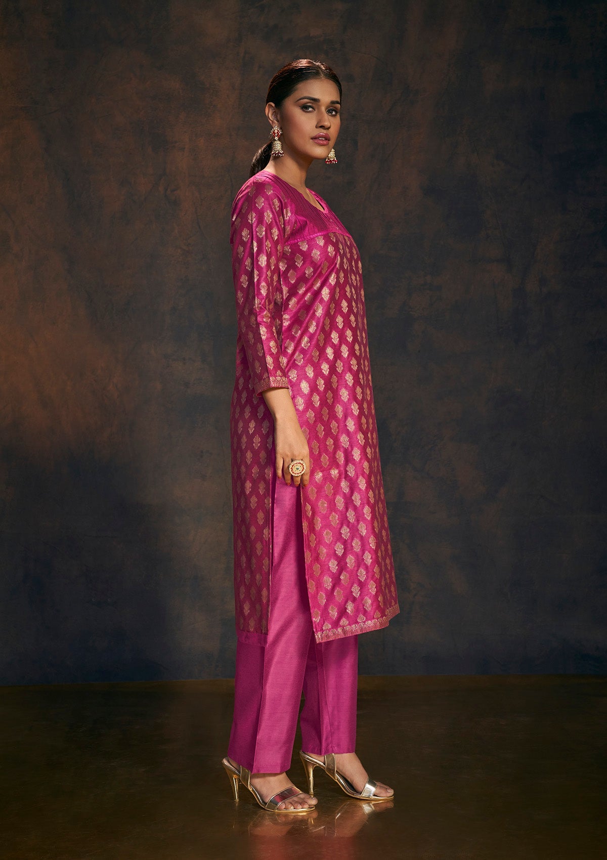 Rani Pink Banarasi Silk Kurta Set with Dupatta