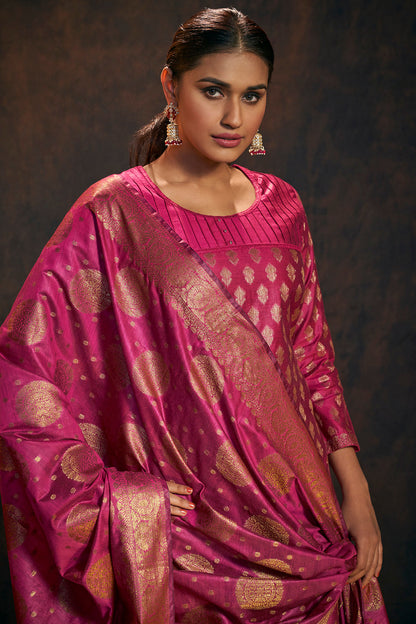 Rani Pink Banarasi Silk Kurta Set with Dupatta