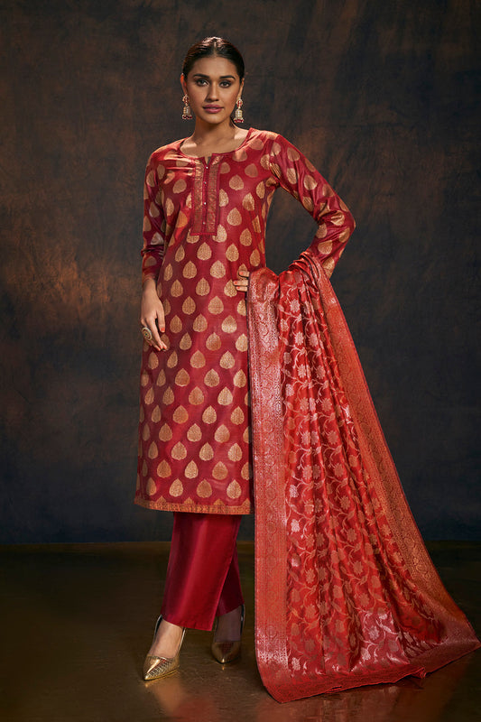 Royal Red Banarasi Silk Kurta Set with Dupatta