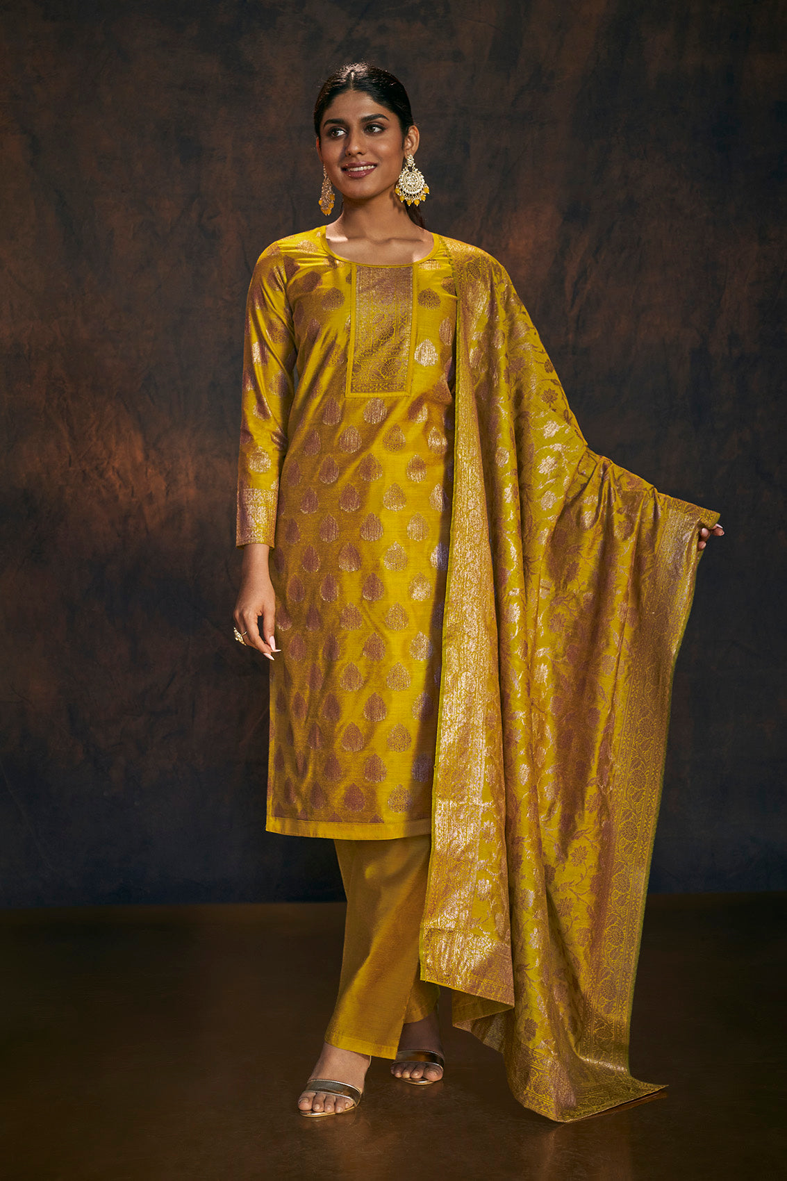 Mustard Banarasi Silk Kurta Set with Dupatta