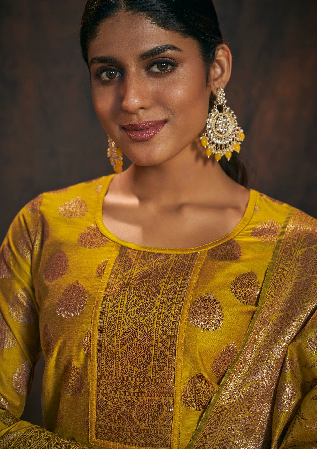 Mustard Banarasi Silk Kurta Set with Dupatta