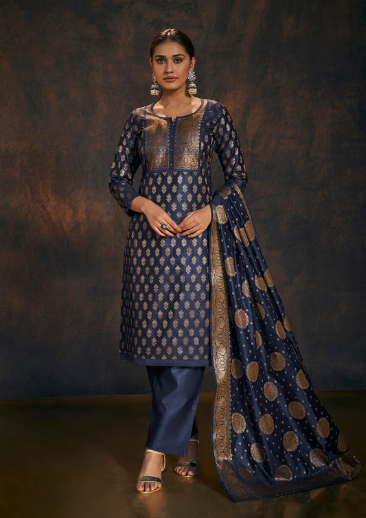 Navy Blue Zari work Banarasi Kurta Set with Dupatta