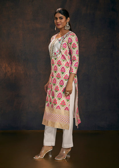 Cream Banarasi Chanderi Silk Kurta & Dupatta