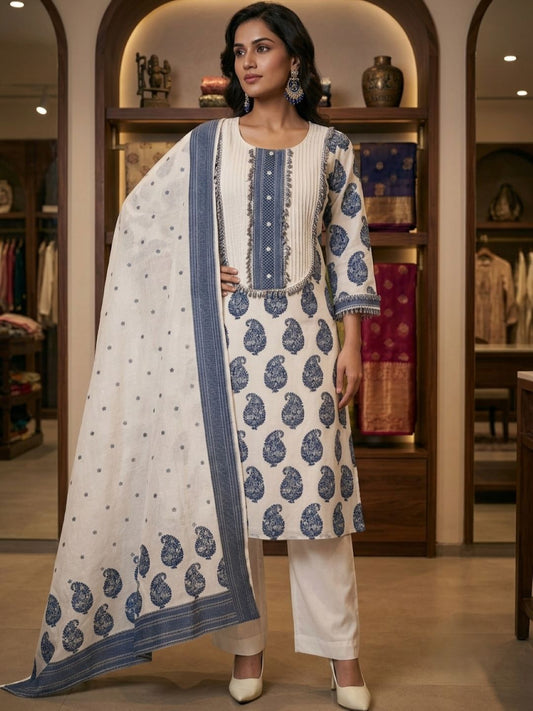 Off white & Blue Banarasi Chanderi Cotton Kurta & Dupatta
