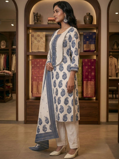Off white & Blue Banarasi Chanderi Cotton Kurta & Dupatta