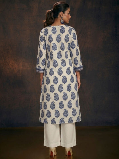 Off white & Blue Banarasi Chanderi Cotton Kurta & Dupatta