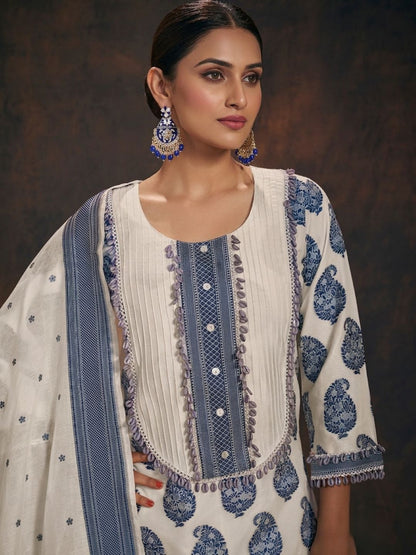 Off white & Blue Banarasi Chanderi Cotton Kurta & Dupatta