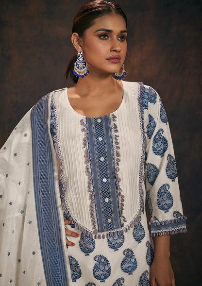 Off white & Blue Banarasi Chanderi Cotton Kurta & Dupatta