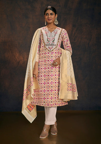 Off White Multicolored Embroidered Banarasi Chanderi Silk Kurta & Dupatta