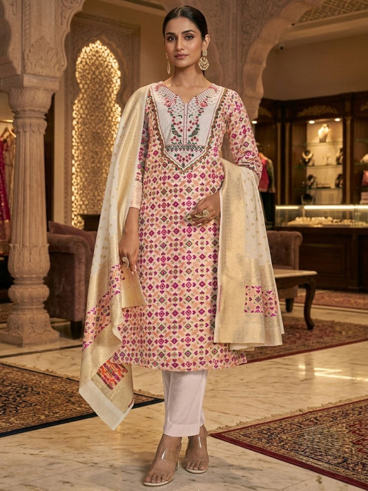 Off White Multicolored Embroidered Banarasi Chanderi Silk Kurta & Dupatta