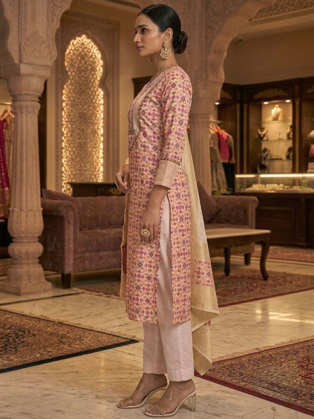 Off White Multicolored Embroidered Banarasi Chanderi Silk Kurta & Dupatta