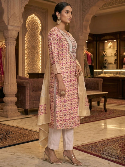 Off White Multicolored Embroidered Banarasi Chanderi Silk Kurta & Dupatta