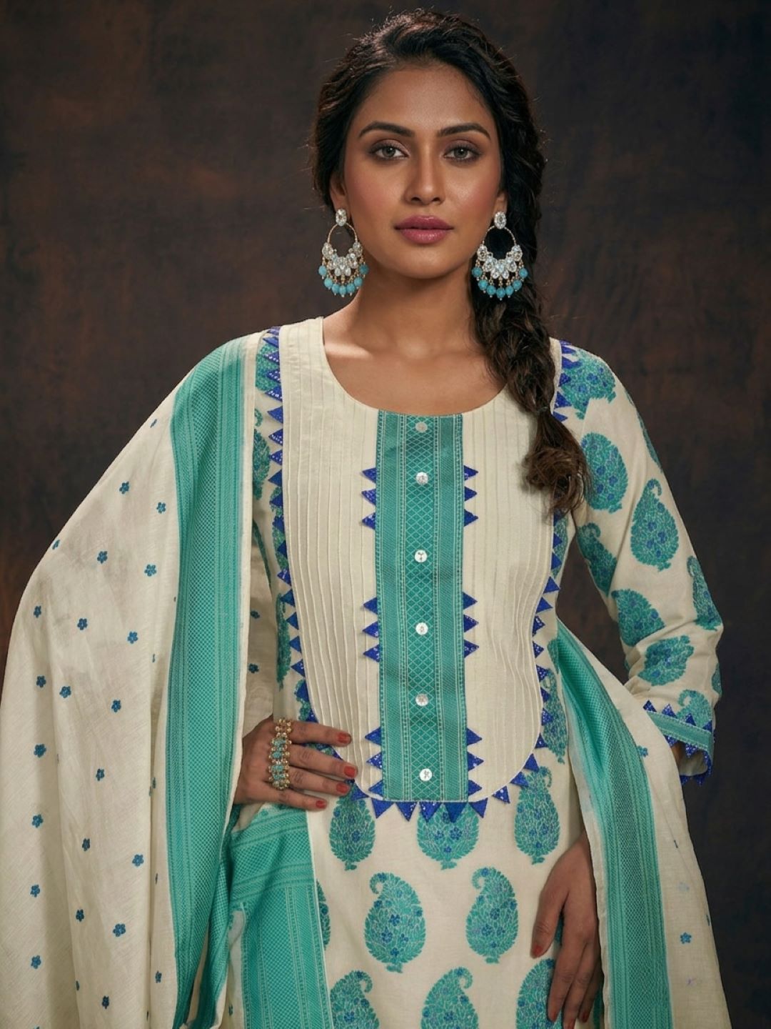 Cream And Turquoise Banarasi Chanderi Silk Kurta & Dupatta