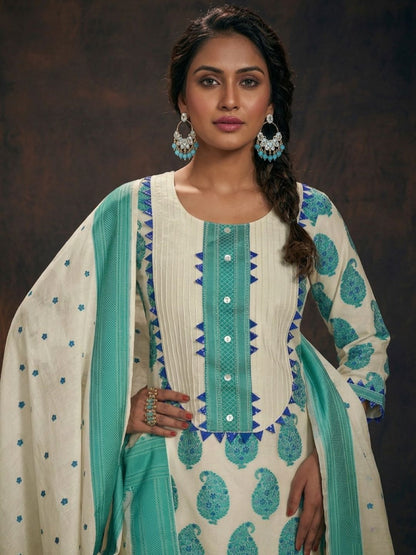 Cream And Turquoise Banarasi Chanderi Silk Kurta & Dupatta